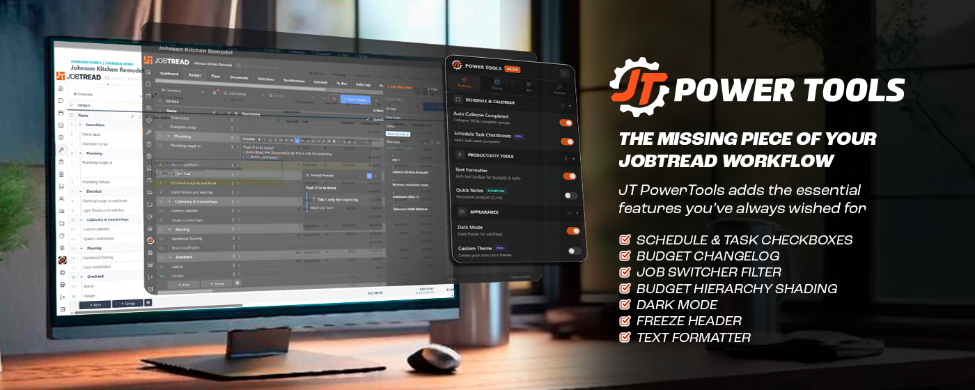 JT Power Tools running inside a JobTread budget view on a desktop workstation.